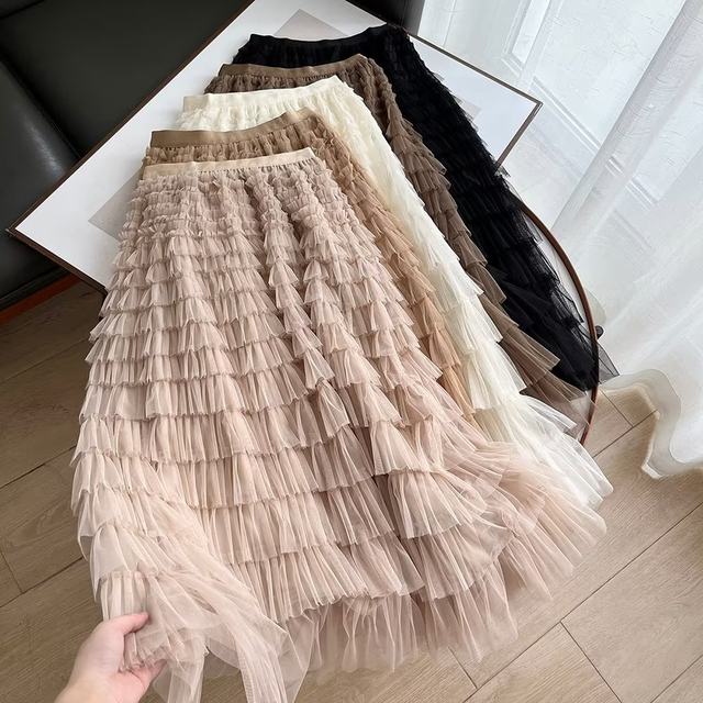 Mesh cake skirt for women 2022 autumn new sweet and elegant temperament multi-layer spliced ​​midi skirt skirt