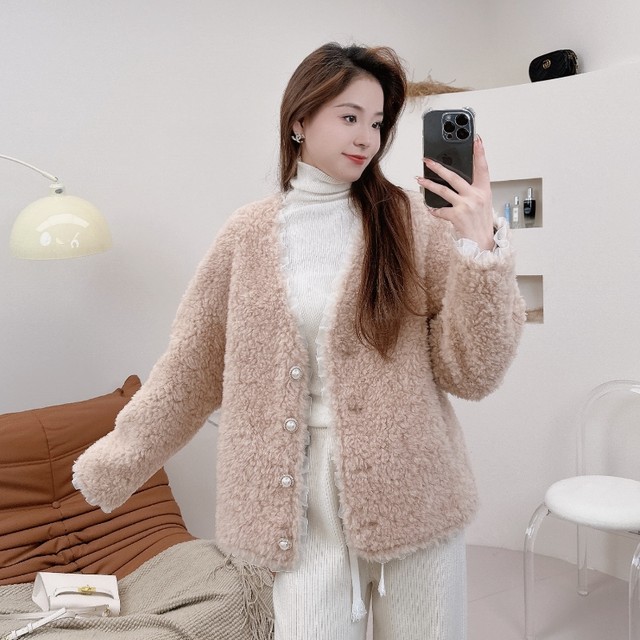 2024 new style V-neck small fragrant grained lamb wool coat for women ...