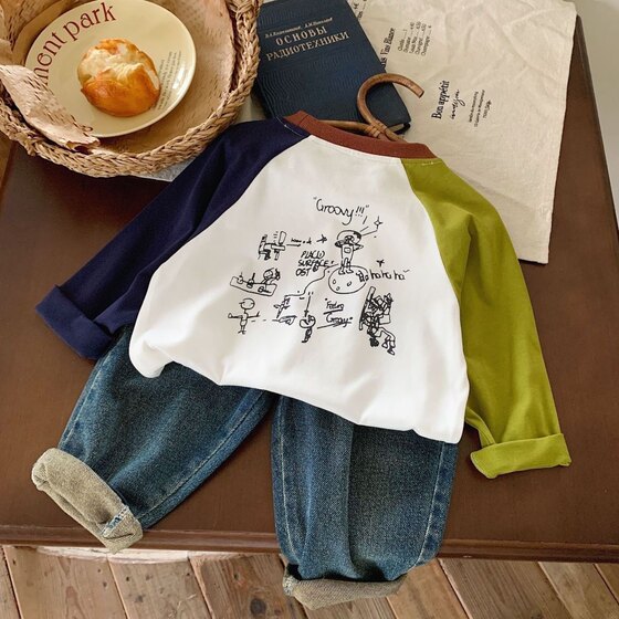 Children's cartoon printing T -shirt long -sleeved boy autumn new shoulder sleeve color combating fascinating qi tide baby pure cotton bottom shirt
