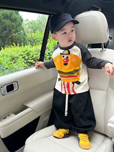 
Children's cartoon T-shirt long-sleeved boy's new style 2025 girls' hamburger printed color-blocking baby cotton base top