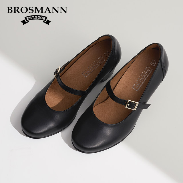 Baoshuman genuine leather Mary Jane shoes for women new thick high heels cowhide soft sole commuting retro leather shoes shallow mouth single shoes