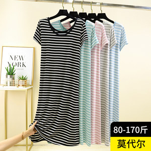 Modal round neck short -sleeved dress female summer thin long skirt large size loose outer wearing casual striped sleeping skirt

