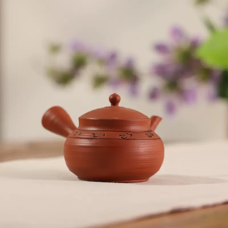 日本常滑烧全手工茶壶玉光朱泥雕刻侧把壶泡茶茶具茶器日式-Taobao
