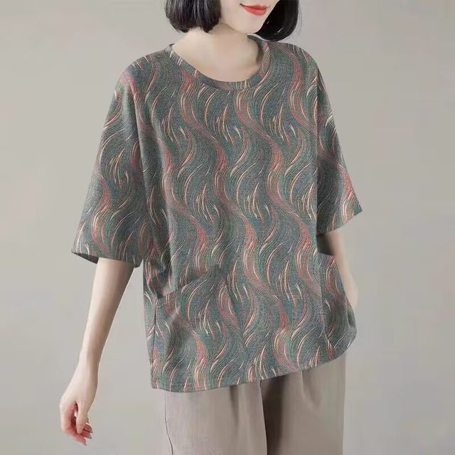 100% pure cotton round neck mid-cuff pocket T-shirt printed Korean style fashionable versatile loose women's high-end shirt for women