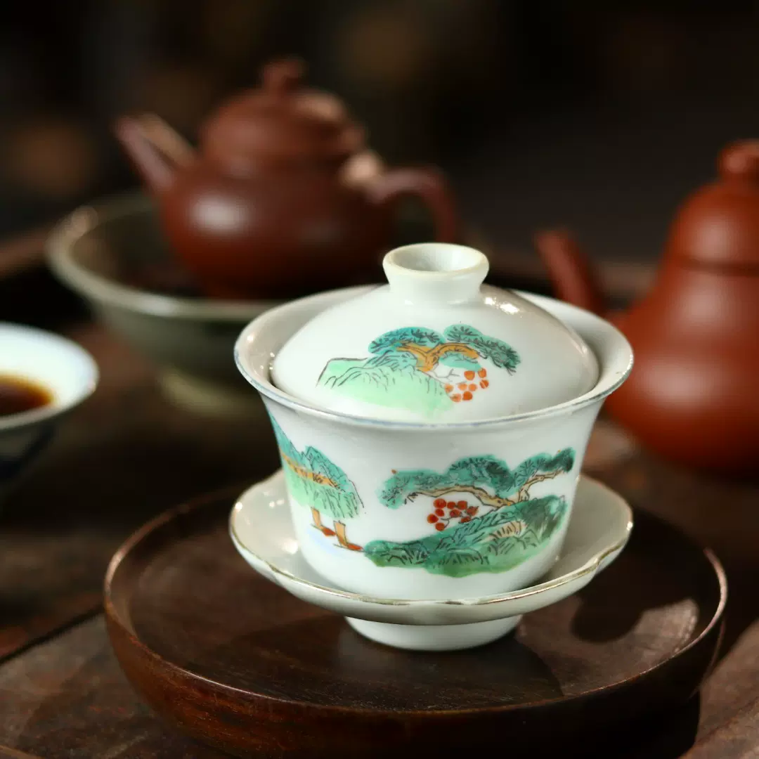 70年代香港祥興茶行復古手繪山水蓋碗敬茶碗紫砂泡茶器收藏品定製
