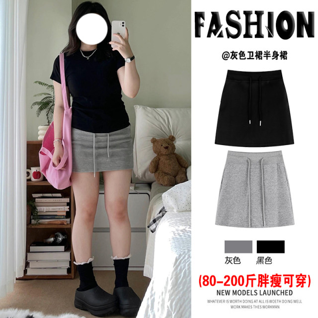 Gray sports and casual skirt for women in summer, slightly fat big size sweatshirt dress with high waist slim small hip-covered short skirt
