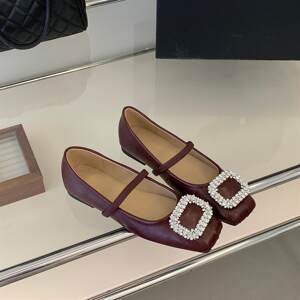 
French evening style square toe shallow mouth single shoes for women with rhinestone buckle Mary Jane shoes soft sole genuine leather granny shoes flat bottom