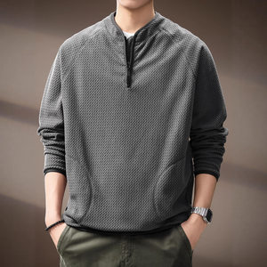 
High-end American retro wavy pattern long-sleeved T-shirt for men 2026 autumn new half-zip outdoor casual top