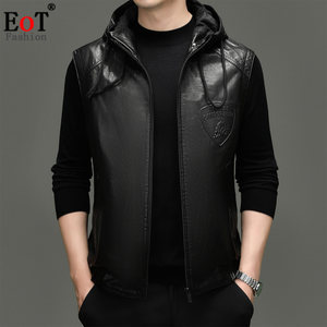 
Haining genuine leather jacket for men, hooded cowhide casual vest, fashionable and versatile sleeveless motorcycle jacket, leather jacket and waistcoat