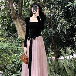 Korean-Style High-End French Elegant Waist-Cinching Long-Sleeve Dress with Contrasting Color Patchwork, 2025 New Autumn Collection