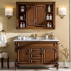 American-Style Bathroom Cabinet Set with Oak and Ceramic Integrated Washbasin, Floor-Standing Hidden Feng Shui Mirror, Bathroom Vanity