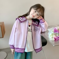Girls' Outwears for Spring and Autumn, Stylish Little Girl's Doll Collar Tops, Medium and Large Kidsren's Cardigans, Autumn Clothes, Loose Baseball Uniforms