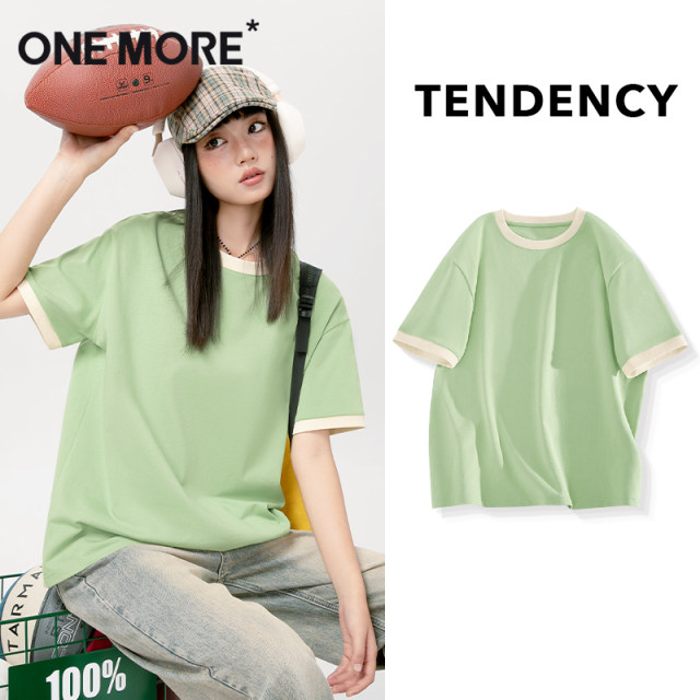one more Wenmo short-sleeved women's T-shirt summer 2025 new green loose half-sleeved pure cotton design top Y