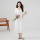 one more2025 summer short-sleeved French square collar dress for women with high-end white skirt waist-hugging vacation skirt