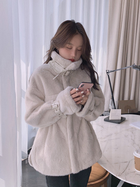 Elegant Green Patchwork Tie Waist Fuzzy Fur Fluffy Mink Velvet Coat Winter