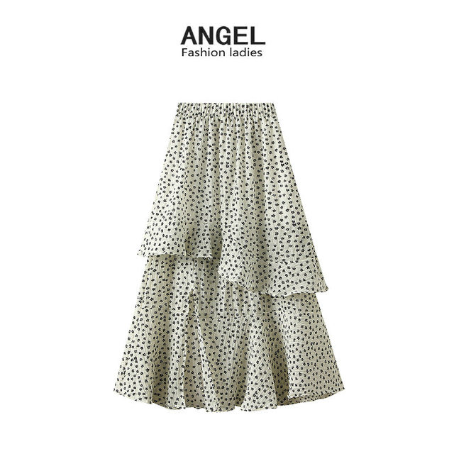 
Ruffled floral skirt for women in summer new versatile elastic waist slit long skirt cake skirt D8932