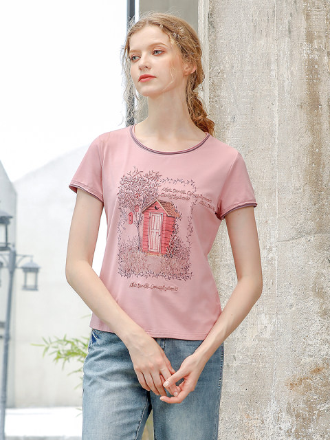Yizhi Manor 2025 summer new pink half-sleeved short loose meat-covered embroidered T-shirt short-sleeved T-shirt for women
