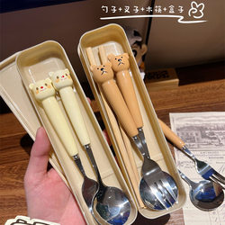 Ceramic Cute Bear Tableware Cream Style Portable Chopsticks Spoon Three-Piece Set Fork for One Person Student Dining