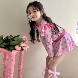 
Children's swimsuits, girls split boxer pants, skirt style long-sleeved sun protection swimsuit set, rabubu polka dot princess swimsuit