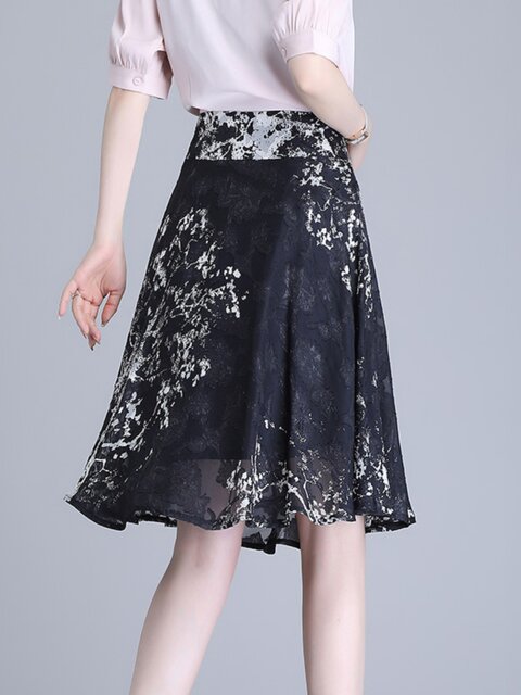 Women's summer mid-skirt 2024 new floral skirt elastic slim chiffon a-line skirt versatile printed small umbrella skirt