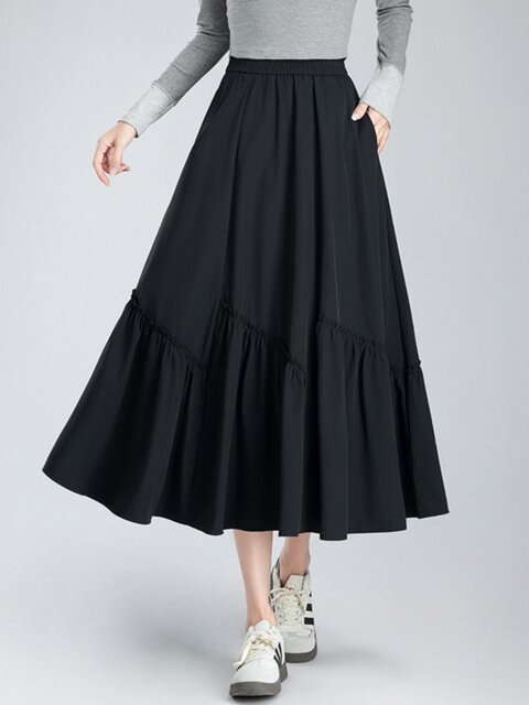 Single-layer casual skirt women's large hem skirt 2025 new summer design sense splicing mid-length pocket a-line skirt