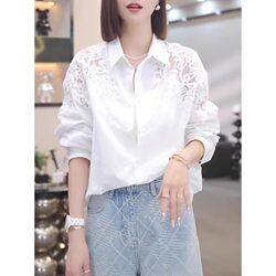 Crochet Hollow-Out White Collared Shirt for Women, Spring Thin Shirt, Plus Size, 2026 New Popular Long-Sleeve Top