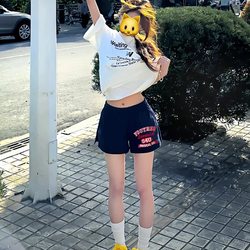 American-Style Navy Blue Embroidered Shorts for Women, Summer High-Waisted Slimming Sweet and Spicy Casual Sports Wide-Leg Three-Quarter Hot Pants