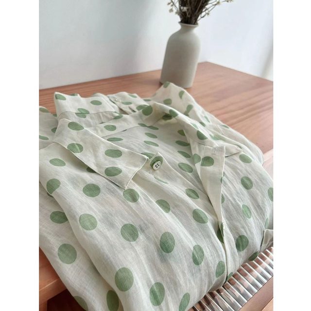 French white polka dot ramie shirt for women in spring and autumn new style literary age-reducing puff sleeves versatile shirt long-sleeved top