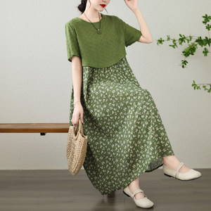 
Retro small floral cotton linen dress for women in summer large size fat mm loose hollow fake two-piece A-line large long skirt