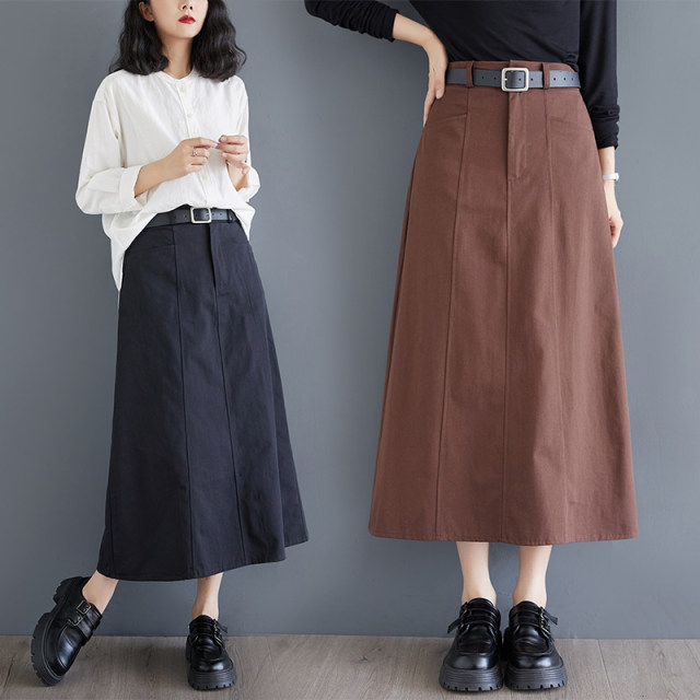 Retro wash cotton work skirt for women in spring and autumn new fashionable high waist mid-length A-line one-step skirt
