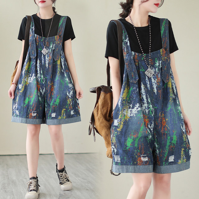 European-style printed denim strap shorts for women in summer large size fat mm fashionable age-reducing five-point wide-leg jumpsuit