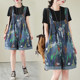 European-style printed denim strap shorts for women in summer large size fat mm fashionable age-reducing five-point wide-leg jumpsuit