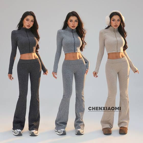 [Mimijia] Autumn and winter threaded zipper casual sports jacket + trousers two-piece set WD/WT25119