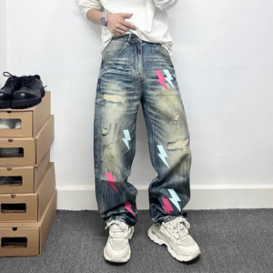 
American retro washed distressed hole patch jeans men's loose straight trousers trendy lightning patchwork leather pants
