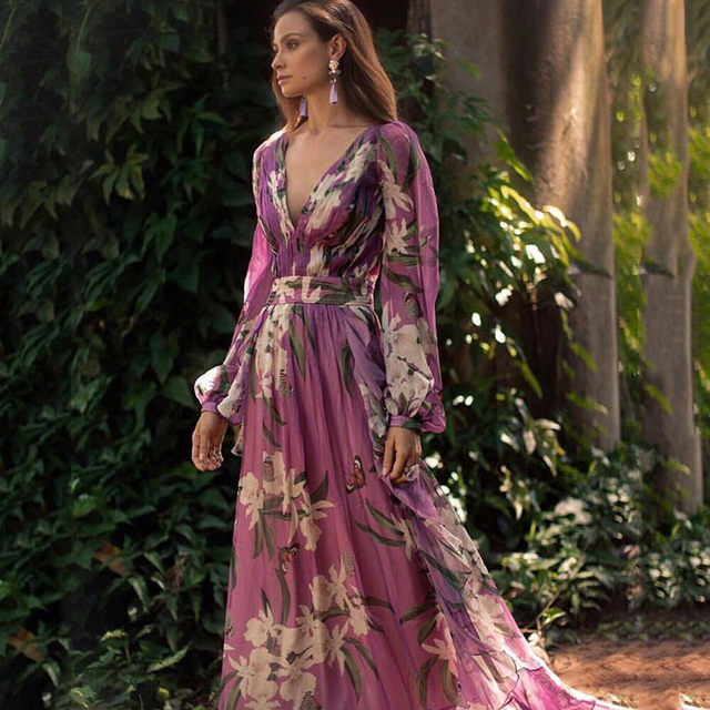 
2025 cross-border summer new style foreign trade printed women's dress Amazon V-neck long-sleeved large hem skirt for women
