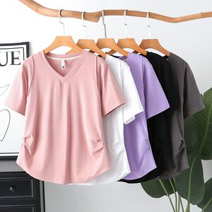 
300*0.5kgv collar short-sleeved t-shirt new large size women's wear for fat mm, pleated on both sides to cover the belly and make you slim, right shoulder half-sleeved top 2