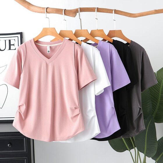 
300*0.5kgv collar short-sleeved t-shirt new large size women's wear for fat mm, pleated on both sides to cover the belly and make you slim, right shoulder half-sleeved top 2