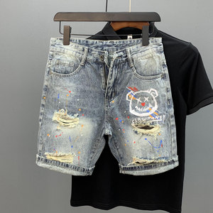 
Trendy brand splash-ink design denim shorts for men 2026 summer thin trendy beggars ripped and versatile five-point pants
