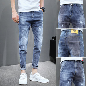 
Ripped jeans men's trendy brand slim fit small feet 2026 summer thin Korean style trendy elastic casual nine-point pants