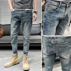 Jeans men's tide brand spring and autumn new slim feet retro water washing elasticity trend wild casual long pants
