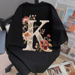 New Pure Cotton American Retro Floral K Letter Faux Embroidery Short-Sleeve T-Shirt Summer Trendy Brand Loose Couple Half-Sleeve Top