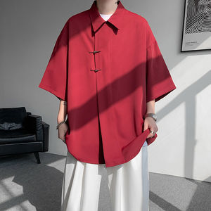 
Chinese style ice silk short-sleeved shirt for men in summer breathable oblique placket airplane button Tang suit shirt three-quarter sleeve t-shirt