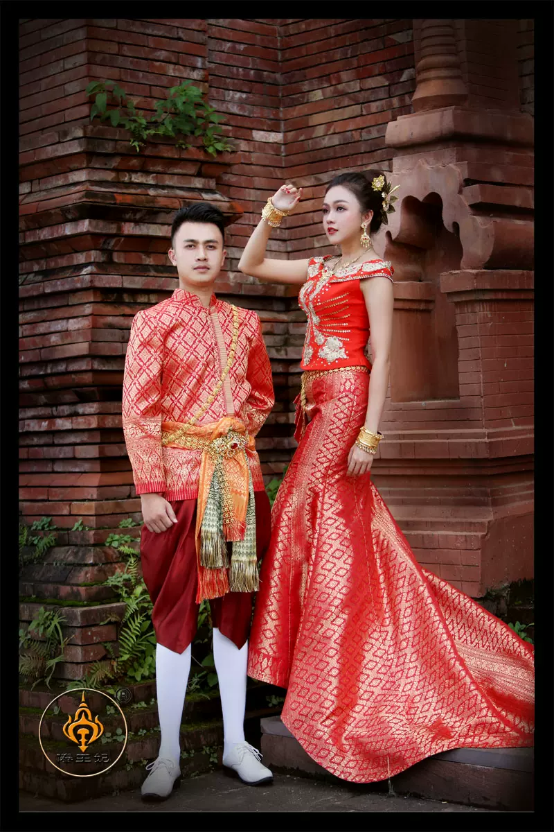傣王妃服饰泰国泰式婚礼服套装红色影楼拍照写真结婚新娘新郎高端 Taobao