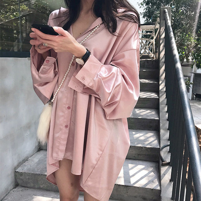 Spring and Autumn New Korean Loose Large Size BF Boyfriend Mid-Long Pajamas Comfortable Silk Gloss Satin Shirt Women