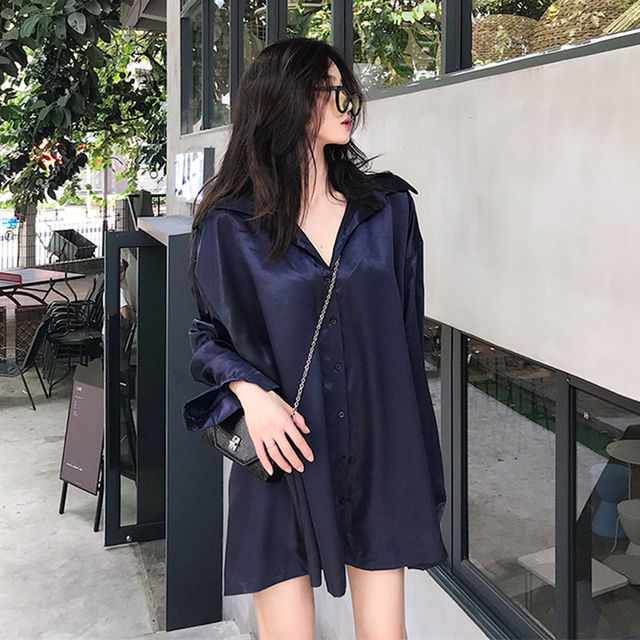 Spring and Autumn New Korean Loose Large Size BF Boyfriend Mid-Long Pajamas Comfortable Silk Gloss Satin Shirt Women