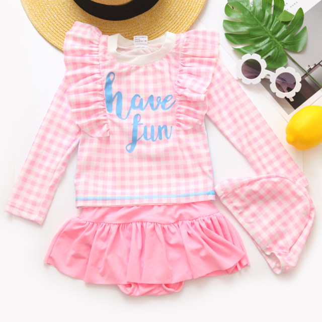 Children's swimsuit girl Korean girl split long -sleeved beach sunscreen princess skirt girl cute powder suit
