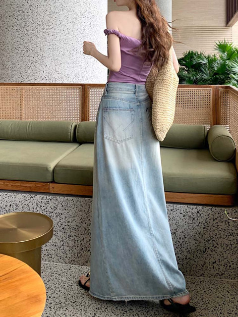 Large size retro blue skirt for women with high waist slim denim skirt summer niche slit skirt straight skirt long skirt