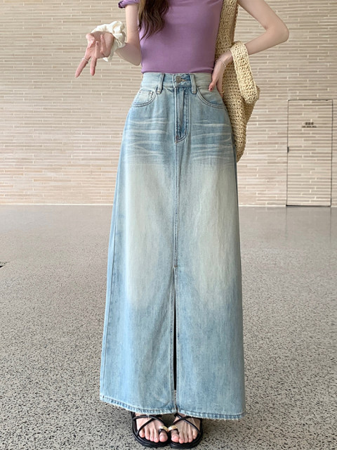 Large size retro blue skirt for women with high waist slim denim skirt summer niche slit skirt straight skirt long skirt