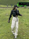 Large size two-piece motorcycle small PU leather jacket jacket women autumn American high street pocket work pants
