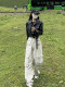 Large size two-piece motorcycle small PU leather jacket jacket women autumn American high street pocket work pants
